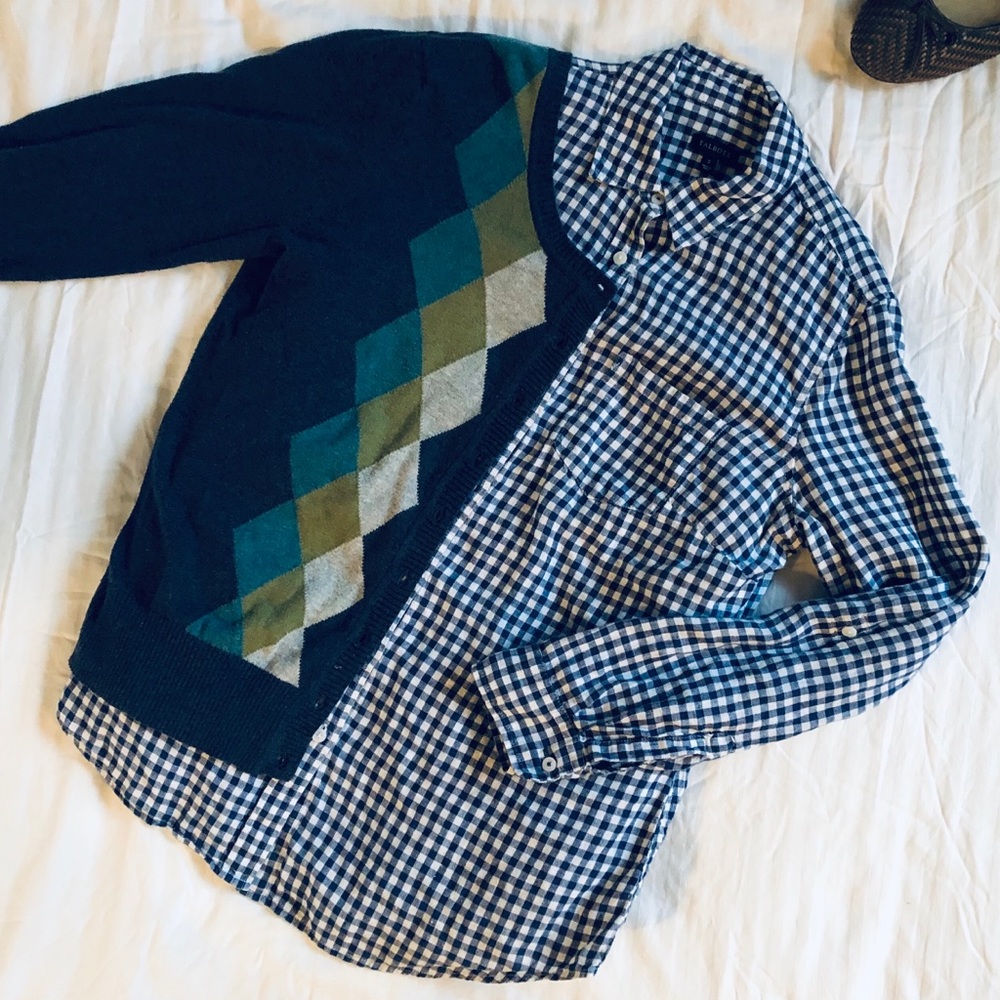 🛍BOGO Talbot’s Navy Gingham Roll-up Sleeves